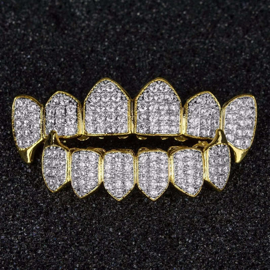 New Custom Fit Silver Gold Color All Iced Out Luxury AAA Zircon Rhinestone Top & Bottom Gold Grills Set Hop HIP Teeth Gift