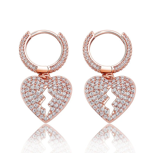 Ice Stone Trendy Korean Broken Heart Mini Hoop Rose Gold Earrings
