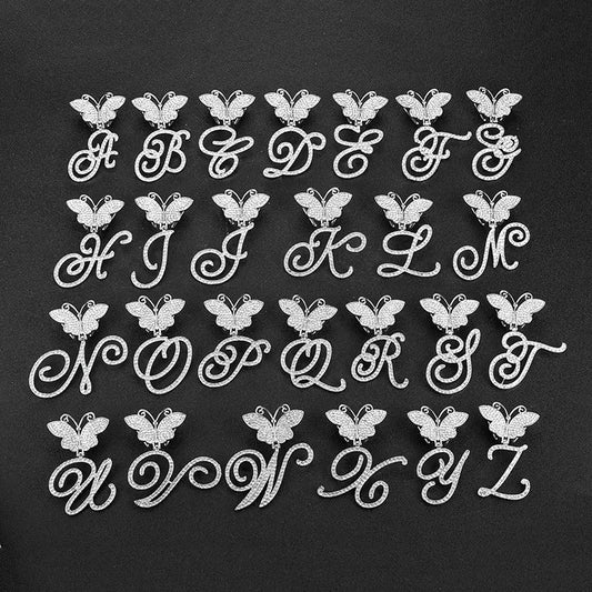 New Fashion Initial Cursive Letter Butterfly Pendant Necklace Hip Hop A-Z Bling Letter Pendant Necklace Women Gifts