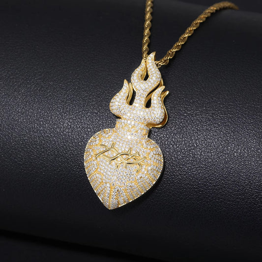 Ice Stone Luxury Men’s 925 Silver Flame Heart Moissanite Necklace