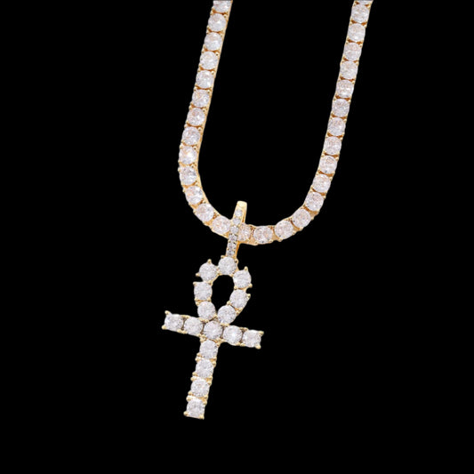 Ice Stone Hip Hop 18K Gold CZ Ankh Pendant Necklace