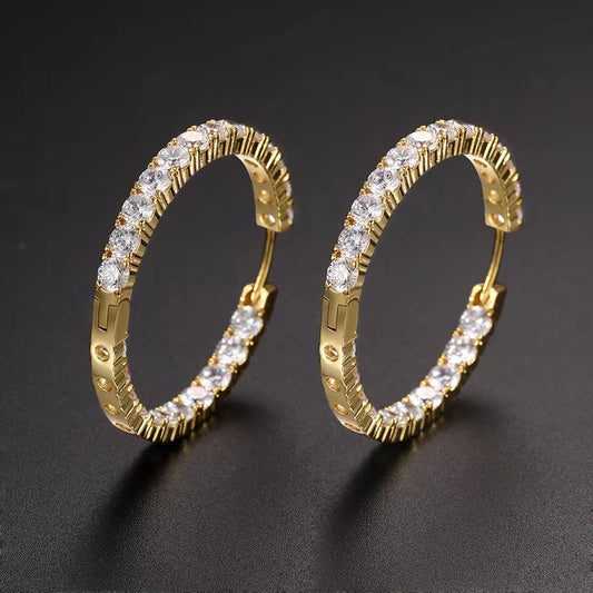 Ice Stone Hip Hop Fashion Brass Gold Plated Diamond Hoop Earrings