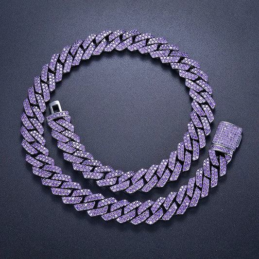 Brass 5A Purple Cubic Zircon Special Color Cuban Link Chain Rhodium Plated 14mm Two Rows Cuban Link Chain Urban Jewelry