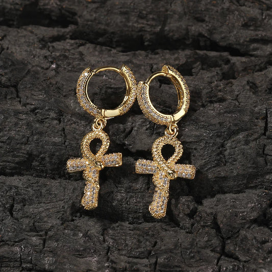 Ice Stone Iced Out Ankh Snake Cross CZ Hoop Earrings