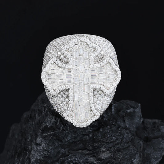 New Arrivals Micro VVS Baguette Moissanite Ring 925 Sterling Silver Hip Hop Rappers Cross Jewelry Bling Bling Cross Ring for Man