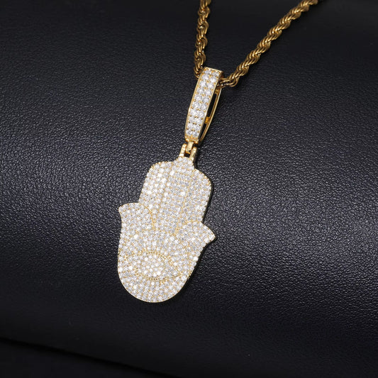Ice Stone Fatima Hamsa 925 Silver Moissanite 18K Gold Pendant