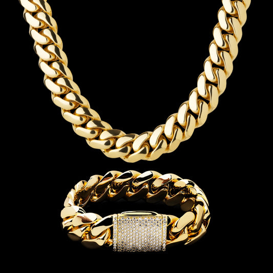 Luxury 10MM-22MM Mens Miami Cuban Link Bracelet Necklaces 14K 18K Real Gold Plated Custom Cuban Link Chain