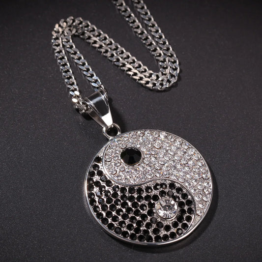 Yin Yang Tai Chi Pendants Necklaces for Men white black Round Stainless steel Ice Out Chinese Kungfu Hip Hop Rapper Jewelry