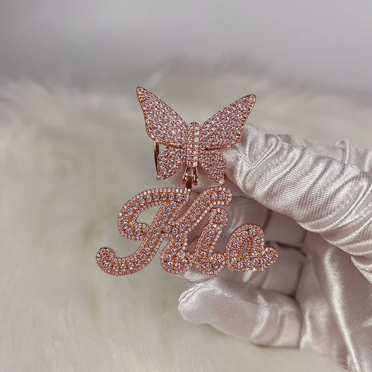 TOP ICY Butterfly Hoop Name Necklace 9mm cuban Chain Full Iced Out Zircon Hiphop personalized necklace