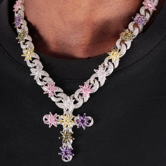 Iced Hip Hop Cuban Chain Jewelry High Quality 3D Design Multicolor Flower Zircon 15mm Width Cross Pendant Necklace