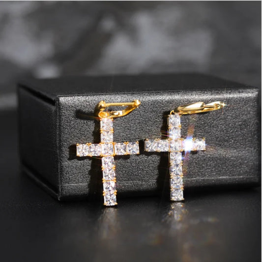 Ice Stone Wholesale CZ Iced Out 18K Gold Cross Earrings