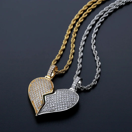 Solid Silver Gold broken heart Half heart luxury lover pendant Iced out hip hop Pendant Necklace Jewelry Tennis chain jewelry