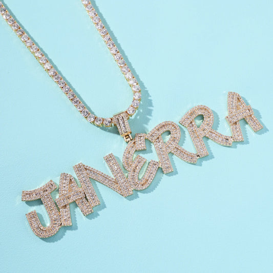 Iced Out Initials Gold Silver Bling Zirconia Men's Hip Hop name plate Letters necklace personalised for men and women