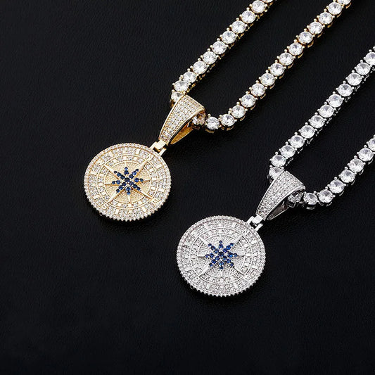 Ice Stone Gold Plated CZ Compass Pendant Iced Out Necklace Men