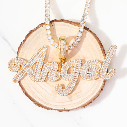 Iced Out Custom Name Necklace Hip Hop 14k Real Gold Plated Personalized Initial Baguette Brush Letter Pendant Necklaces Jewelry