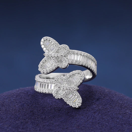 Trendy Wedding Jewelry Gift 925 Sterling Silver VVS D Moissanite Baguette Butterfly Ring Luxury Adjustable Accessories Jewelry