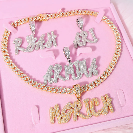 TOP ICY New Double layers Overlapping Brush Font iced out custom Name Pendant personalized Letter CZ custom necklace jewelry