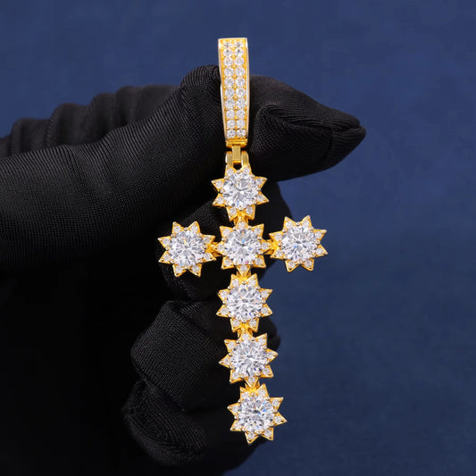 Trendy 925 Sterling Silver Flower Cross Pendant Jewelry Hip Hop VVS D Color Moissanite Diamond Pendant Necklace for Gift Wedding