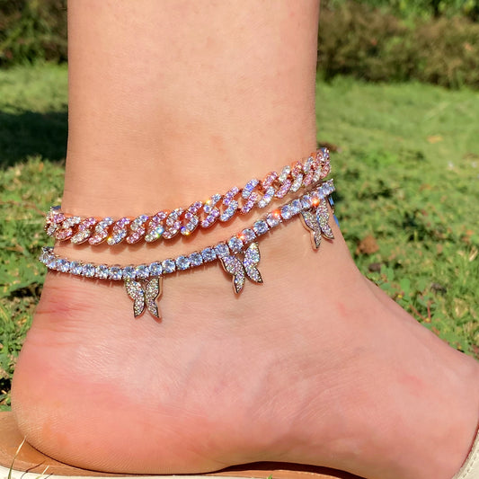 Ice Stone 8mm Pink Cuban Chain CZ Bling Hip Hop Butterfly Anklet Jewelry