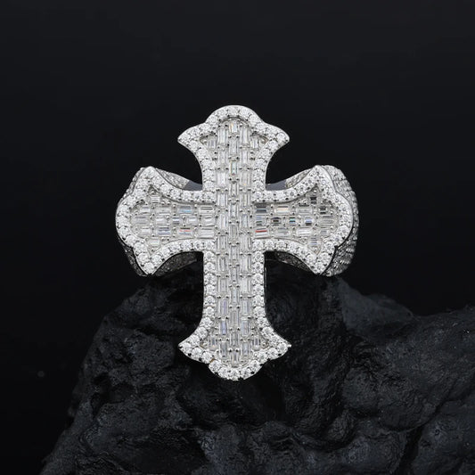 Luxury Hip Hop Style Rapper Cross Jewlery Micro VVS D Baguette Moissanite Cross Ring Pass Diamond Tester 925 Silver Cross Ring