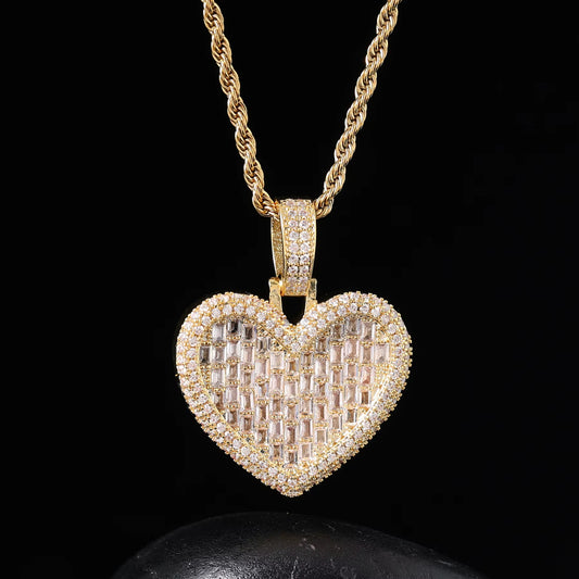 Ice Stone Trendy Heart Baguette CZ Iced Out Rectangle Pendant
