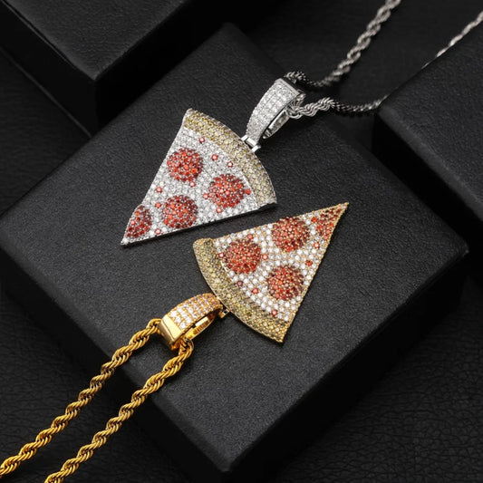 Iced Out Pizza pendant&necklace Copper Gold silvery Color Micro Paved Zircon Hip Hop pizza Full Cubic zirconia jewelry