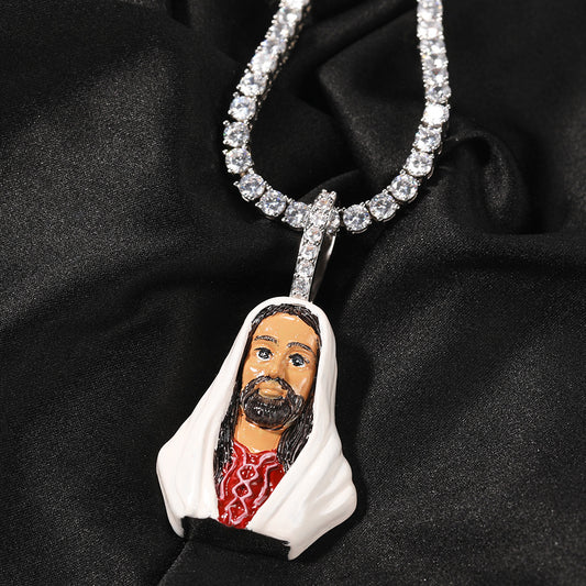 Ice Stone Enamel Jesus Pendant with AAA CZ Necklace