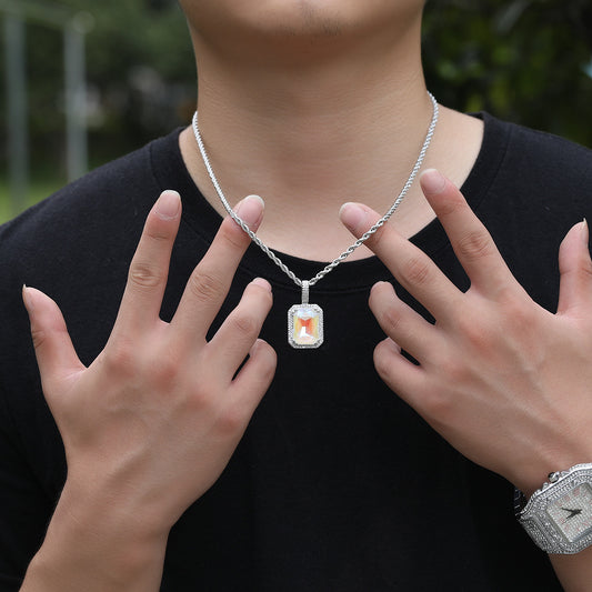 Ice Stone White Gold Square Light Blue CZ Pendant Necklace