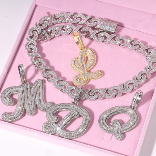 Ice Stone Gold Initials Pendant Necklace A-Z