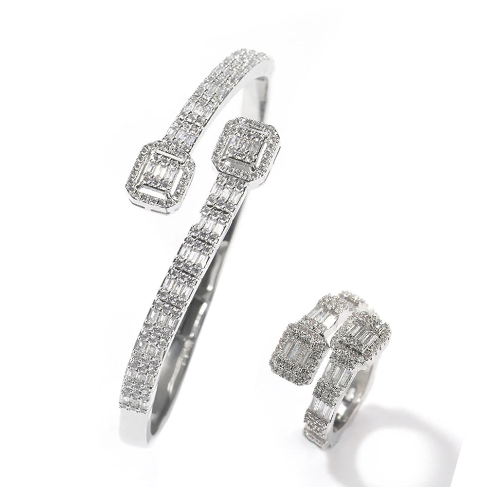 iced out bangles bracelet jewelry women 14k gold baguette CZ lab diamond bracelet ring set hip hop wedding jewelry set
