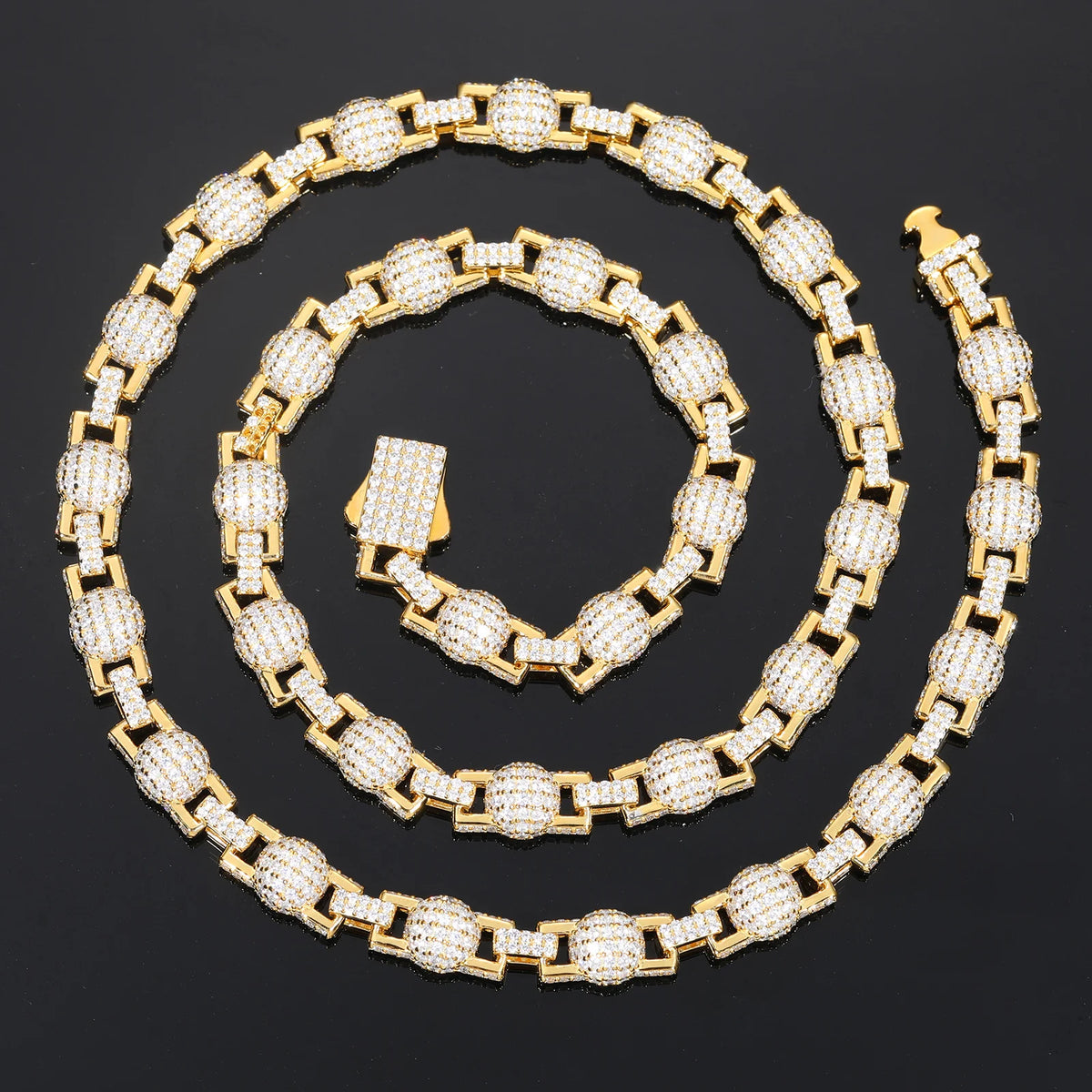 14K Gold 7mm Fully Iced King Chain with Ball Accents, Spring Clasp Cuban Link Chain, 925 Sterling Silver and VVS Moissanite