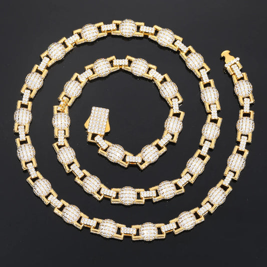 14K Gold 7mm Fully Iced King Chain with Ball Accents, Spring Clasp Cuban Link Chain, 925 Sterling Silver and VVS Moissanite