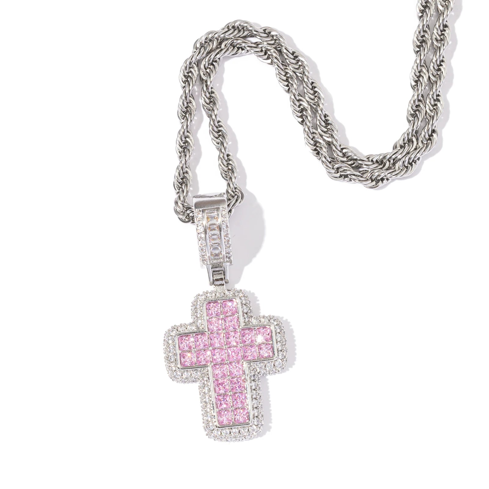 Top Icy Iced Out 2 Rows Purple Pink Diamond  Cross Pendant Brass 18K Gold Plated CZ Fashion Jewelry Pendants Necklace Women