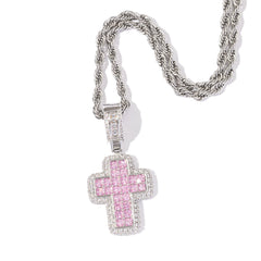 Top Icy Iced Out 2 Rows Purple Pink Diamond  Cross Pendant Brass 18K Gold Plated CZ Fashion Jewelry Pendants Necklace Women