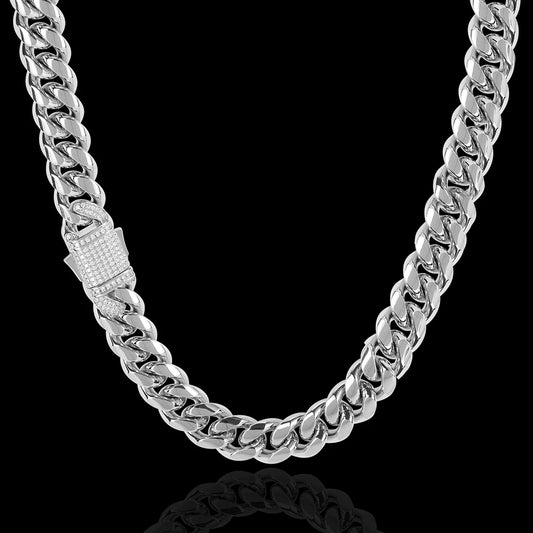 12mm Iced Out Clasp Spring Lock Stainless Steel Polished Shiny Cuban Link Chain Hip Hop Jewelry Mens Rock Cuban Chain