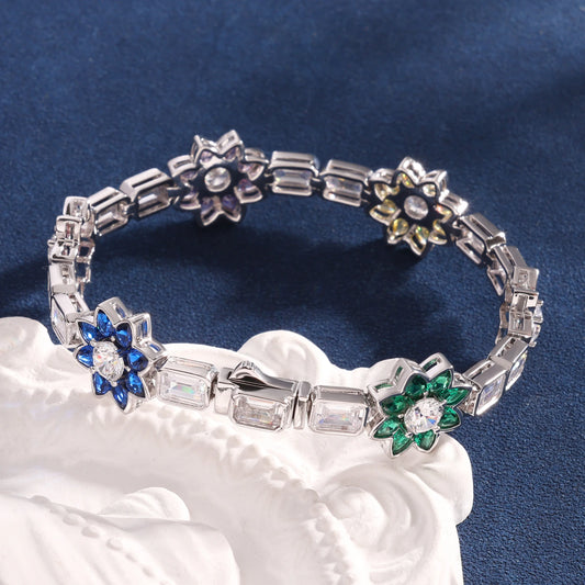 New Design 14mm Sparkling Colorful Flower Bracelet VVS D Moissanite 925 Sterling Silver Bangle Fashion Hip Hop Jewelry
