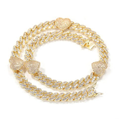 Iced Out 8mm Heart-Shaped Cuban Link Necklace & Bracelet CZ Jewelry with Zircon Stone Gift for Women