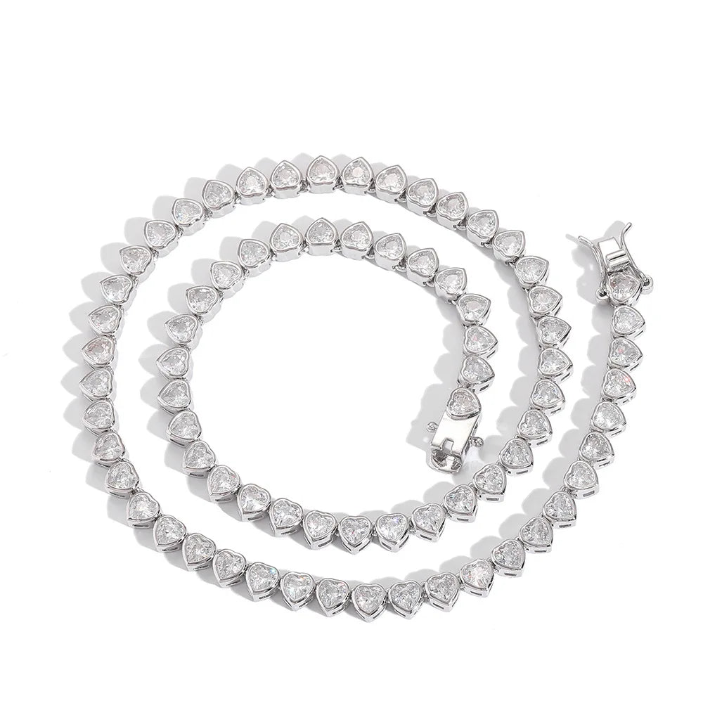 New Arrival Jewelry Cubic Zircon Heart Tennis Necklace Bracelet Shiny Heart Shape Diamond Tennis Chain with 18K Gold Plated