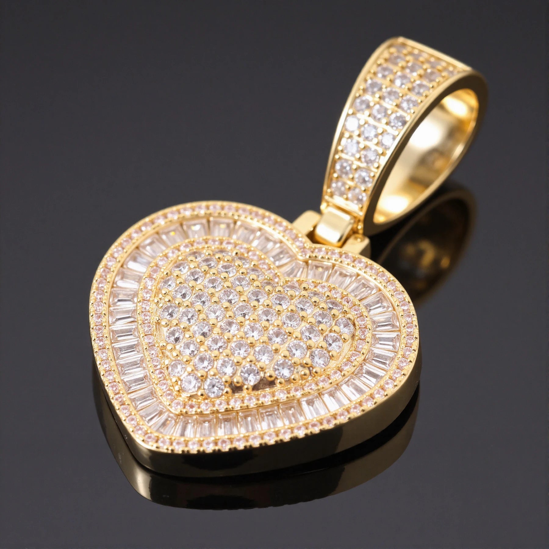 Ice Stone Bling Bling Heart Baguette CZ Tennis Chain Pendant