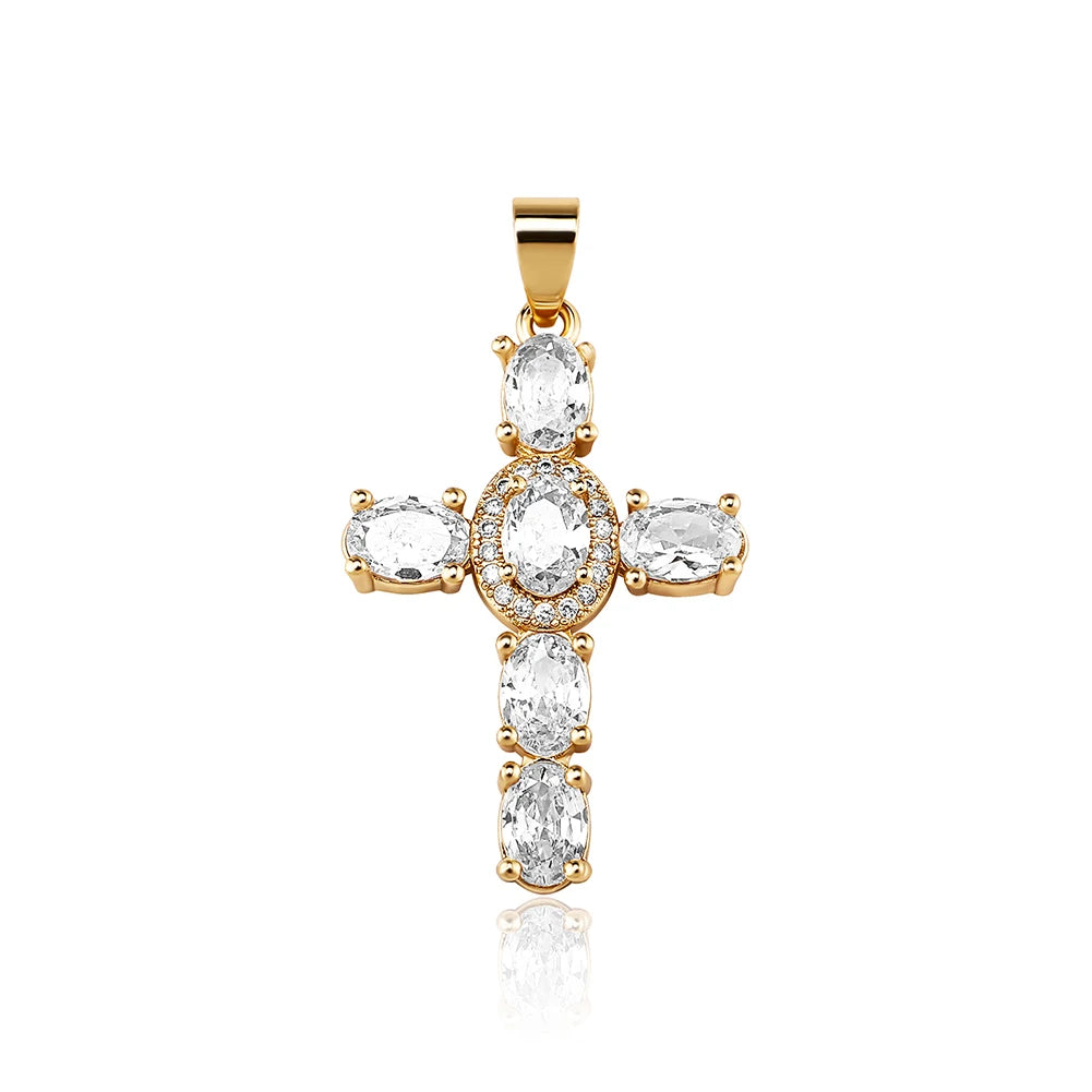 Luxury 6 Colored Oval Zircon Cross Pendant Necklace Micro Pave Cubic Zirconia with Box Chain Hip Hop Jewelry