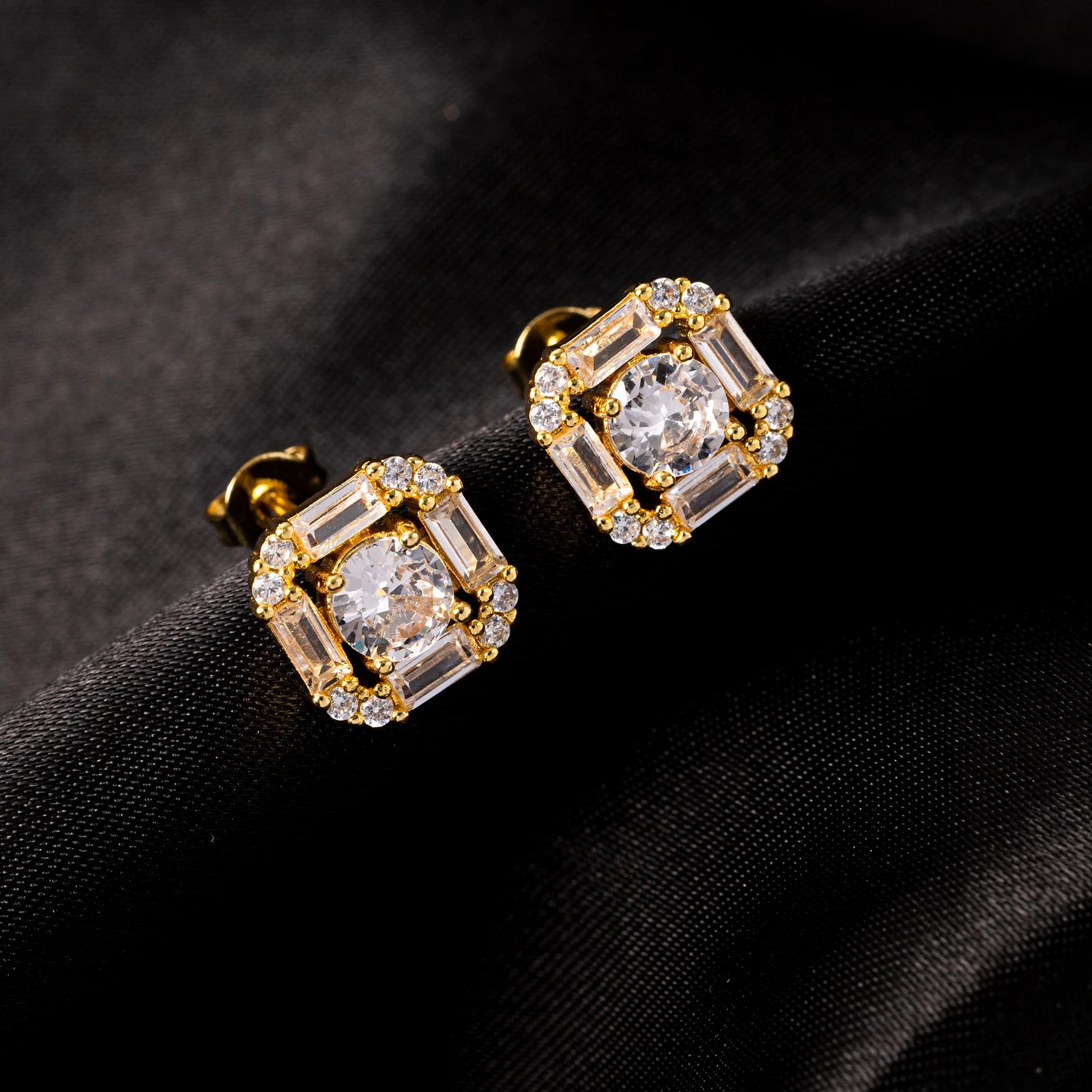 Ice Stone Baguette Diamond Stud Iced Out 18K Gold Earrings