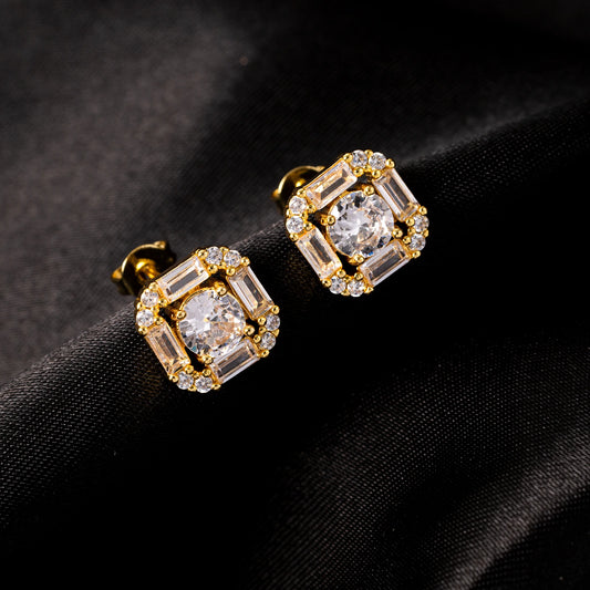 Ice Stone Baguette Diamond Stud Iced Out 18K Gold Earrings