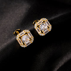 Ice Stone Baguette Diamond Stud Iced Out 18K Gold Earrings