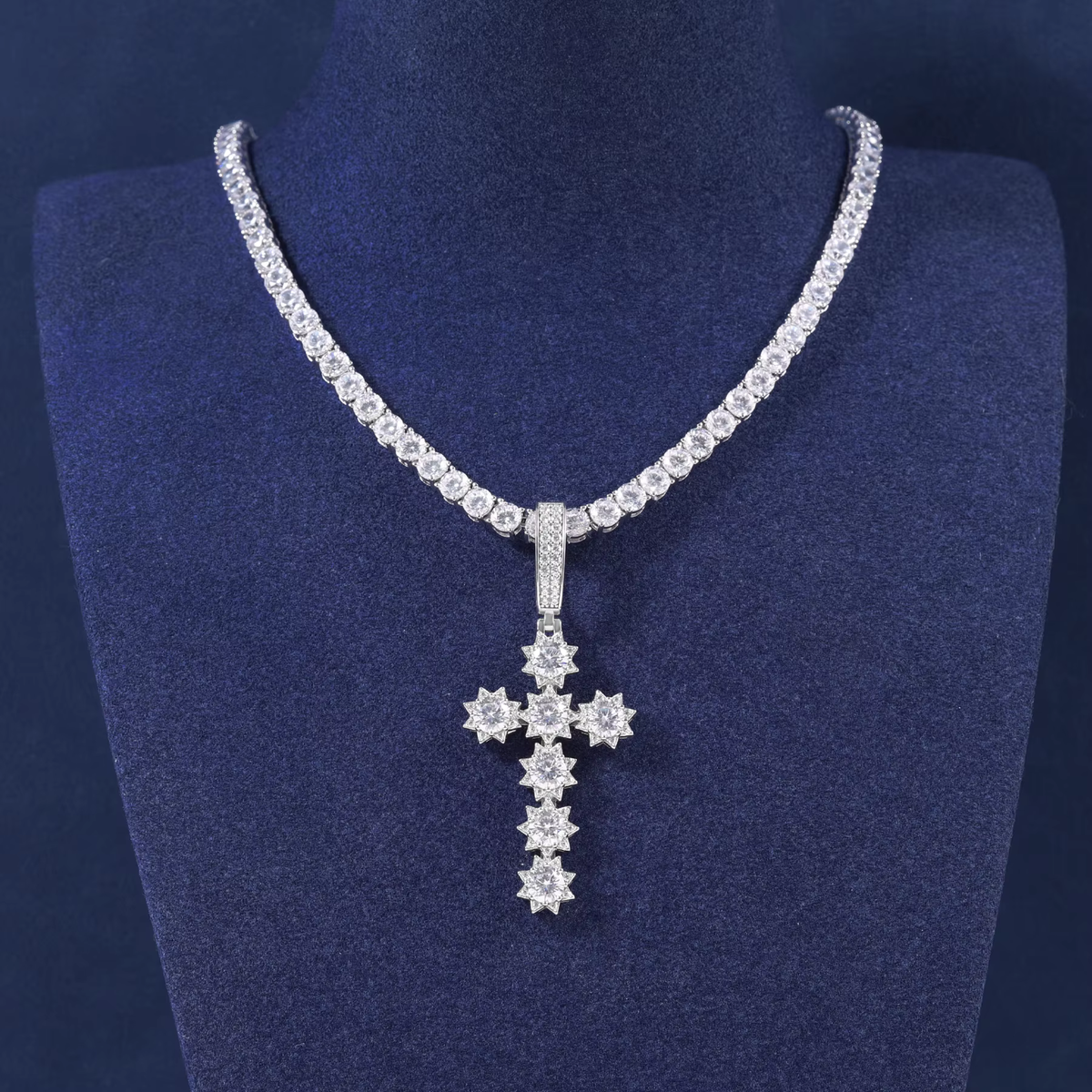 Ice Stone Flower Cross Moissanite Pendant Necklace