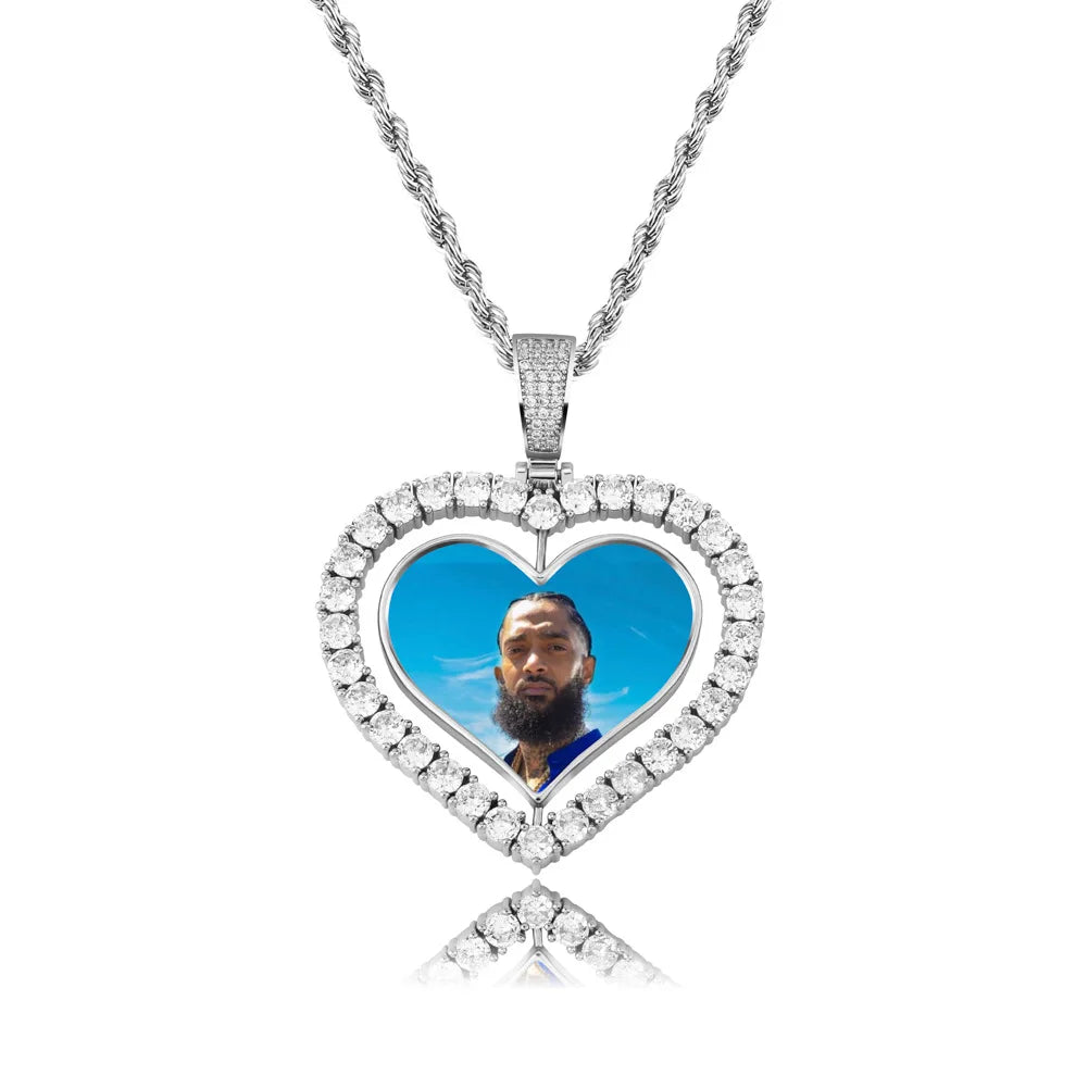 Hot Sale Hip Hop Rotatable Double Side Custom Photo Pendant Necklaces Iced Out Heart Custom Picture Pendants for Men Women