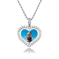 Hot Sale Hip Hop Rotatable Double Side Custom Photo Pendant Necklaces Iced Out Heart Custom Picture Pendants for Men Women