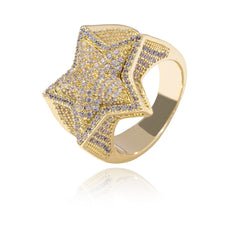 Top Icy Star Shape Rings Jewelry  Women Iced Out Diamond Ring Hip Hop Brass 18K Gold Plated + AAA CZ
