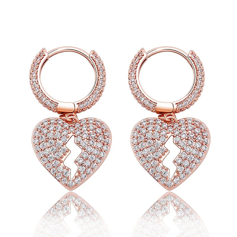 Ice Stone Trendy Korean Broken Heart Mini Hoop Rose Gold Earrings