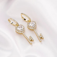 Ice Stone Hip Hop AAA CZ Gold Plated Heart Key Earrings