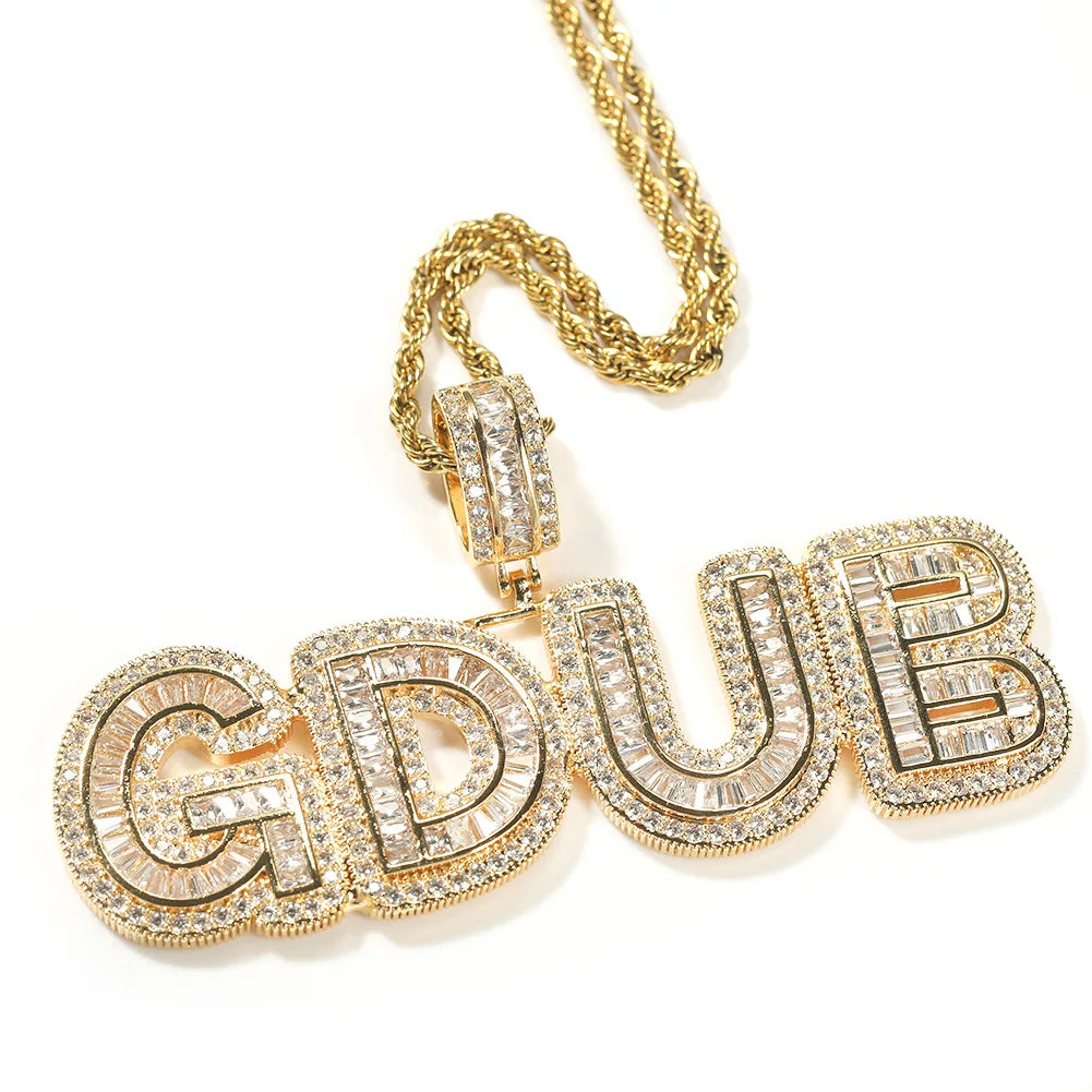 Hiphop Custom Drip Charm Iced Out Cubic Zircon Big Baguette Initial Letters Pendant Necklace Words A-Z